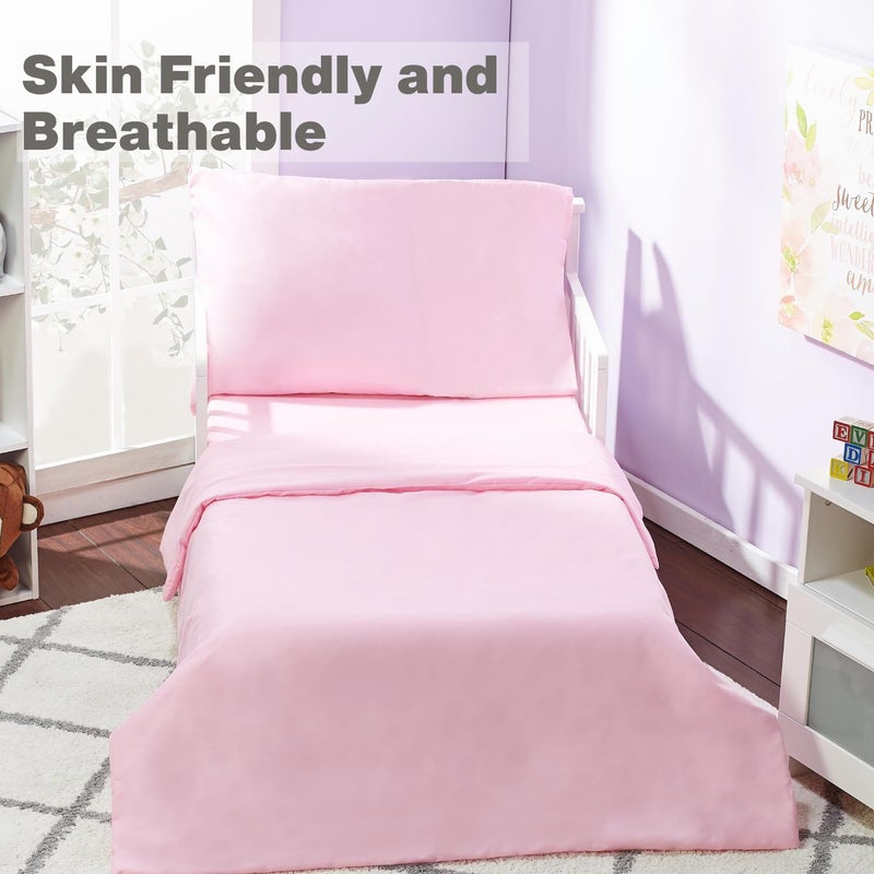 EVERYDAY KIDS 4 Piece Toddler Bedding Set - Includes Comforter, Flat Sheet, Fitted Sheet and Reversible Pillowcase - Solid Pink - Image 5